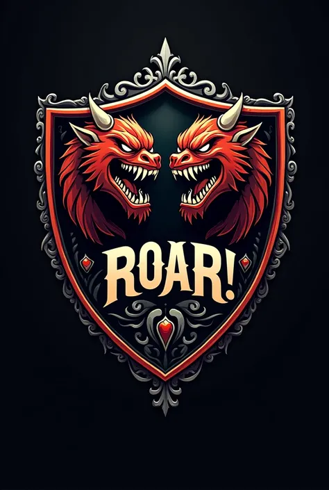 I want a mix of logo and shield like those of the Monster University fraternities with the word Roar!
With a two-headed monster