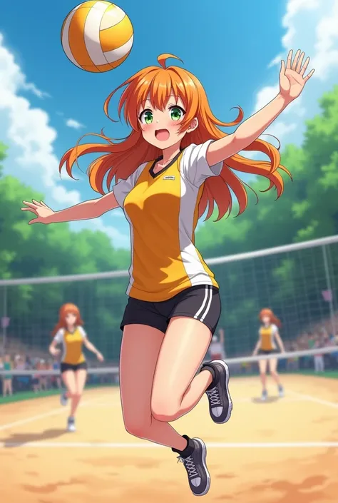 Let a girl anime avatar with pale green eyes with long wavy orange bangs play volleyball