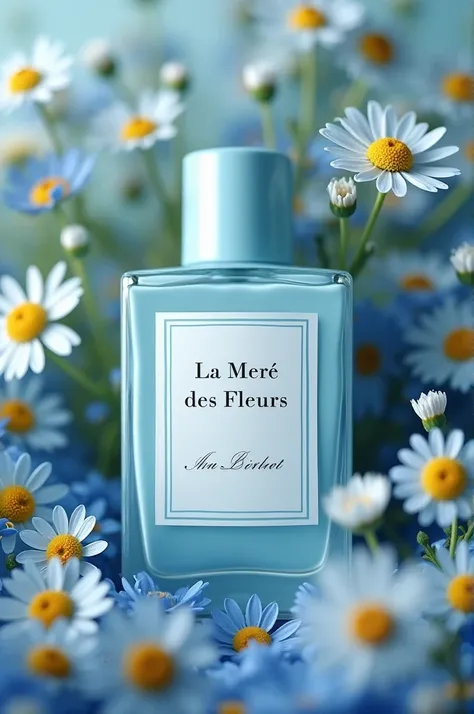 A perfume that has light blue color and rectangle-shaped. There are a lot of blue chamomiles and mimosa flowers around the perfume. It’s very elegant and graceful. The name of the perfume is ‘La Mère des Fleurs’ and it’s engraved on a sticker but there is ...