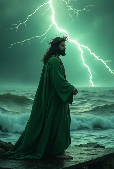 Jesus with the crown of thorns alone in a green robe, bench, red electrified with lightning coming out of the robe and walking in the rough sea in 4k resolution