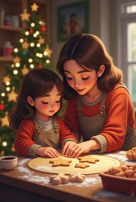 A 35-year-old mother with a  daughter prepare Christmas cookies in the shape of a Christmas tree, mom rolls out the dough, daughter cuts out cookies using cookie cutters