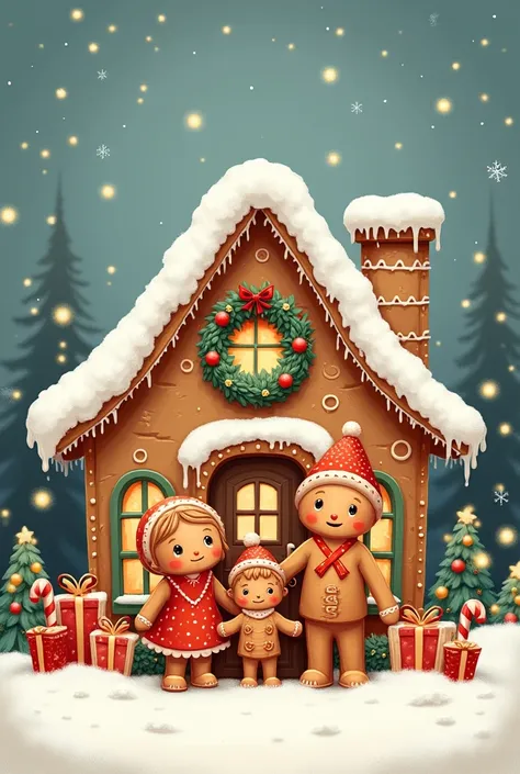 A drawn image of a gingerbread family showing their house with Christmas things in the background 