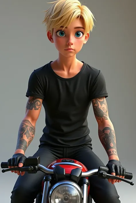  animation of a blond teenager with blue eyes tattooed on an Aprilia rsv4, realism, tight black t-shirt , More muscle

