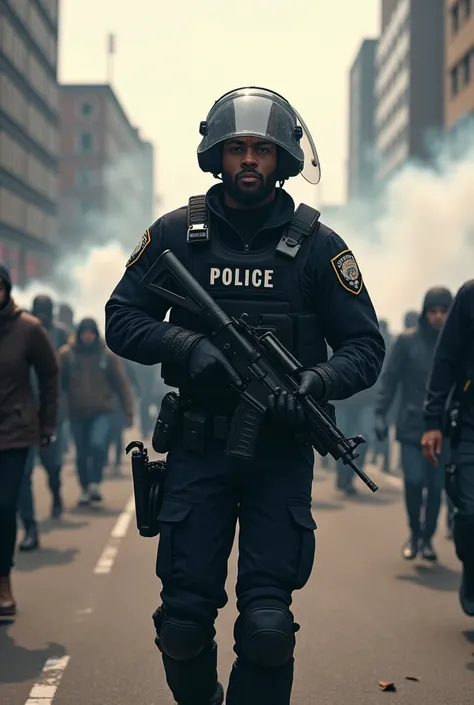 Image of a separated police officer real ditches contract people protesting.

It must be a black cop ,  shooting while the population flees and throwing tear gas.