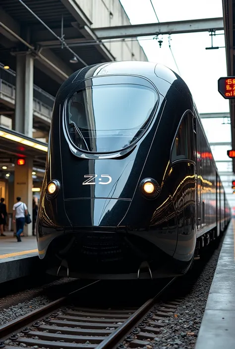 Photo of a futuristic black train parks at an American station