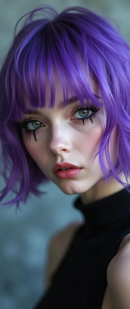 Girl with short purple hair with black lip lenses 