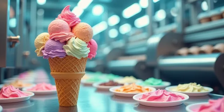 A vibrant, high-tech ice cream factory with sleek machines and conveyor belts producing a variety of colorful ice creams. The factory floor is filled with tubs of creamy pink, vanilla, chocolate, and mint ice cream, some of which are in vibrant swirl patte...