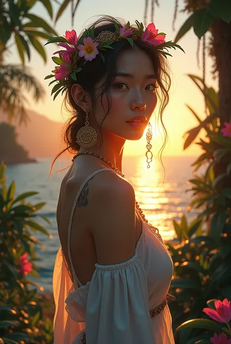 A mature and elegant East Asian woman in her 30s, with subtle signs of a life immersed in the jungle and influenced by psychedelics. She is wearing a white dress that exudes a hippie and new age vibe. Her serene and relaxed expression is tinged with a hint...