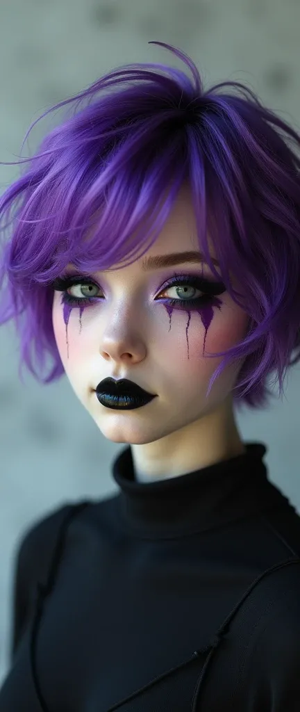 Girl with short purple hair with black lip lenses 