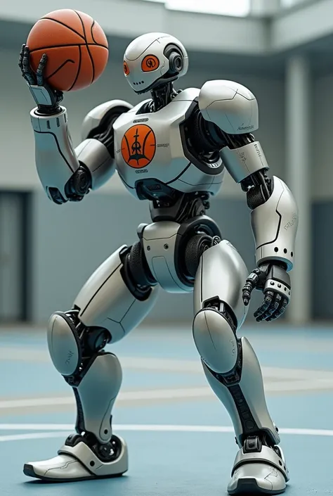 Full-body robot with the most athletic ball in its hand basketball logo