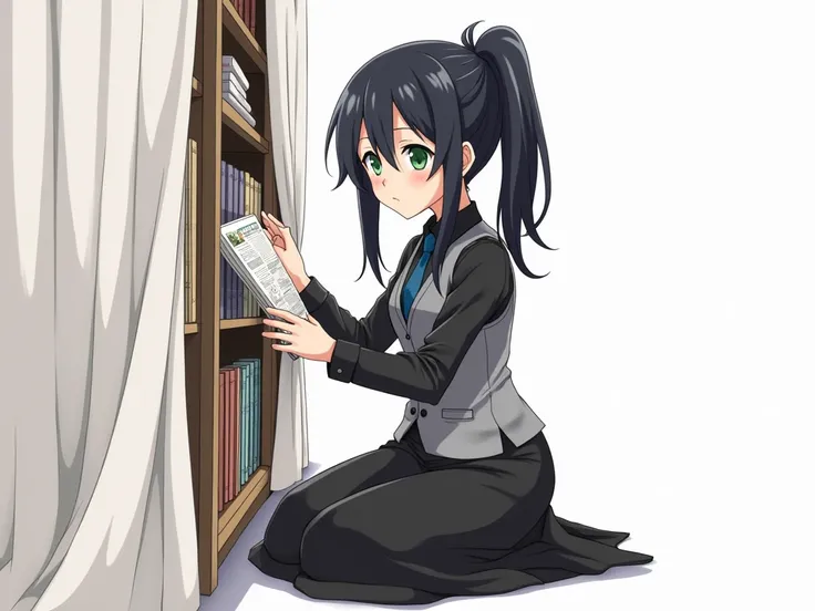 a close plan. sloppy, black eyes Anime girl character with black hair ponytail, green eyes, wearing a gray vest over a black shirt and tie, with a black skirt. in a long skirt, on his knees, he takes out a manga from the lower curtains of the bookcase, ful...