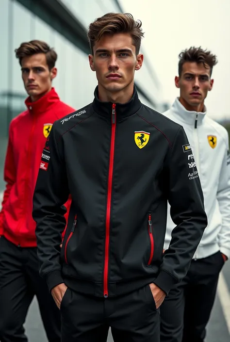 3 male models wearing the viral Ferrari f1 jackets in black red and white color standing on a road like a proper shoot of a brand