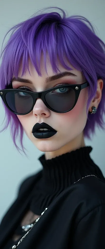 Girl with short purple hair with black lips with lenses 