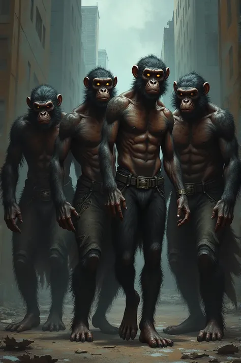 Generate a group of black mens transforming into monkeys