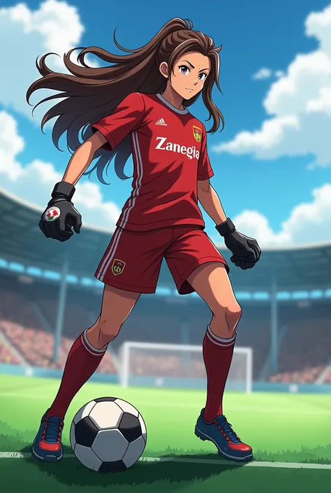 Believe me a soccer player like Inazuma Eleven who refers to the Titan Atlas without an exaggerated musculature but who has a long brown mane and who wears the goalkeeper suit 