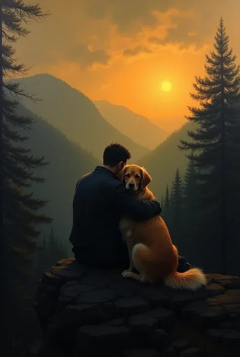 Make an oil drawing of a sad and dark landscape , full of trees showing the silhouette of a man caressing his Golden Retriever dog, both black silhouettes and sitting on the edge of a mountain watching the forest in the middle of the sunset, Only trees in ...