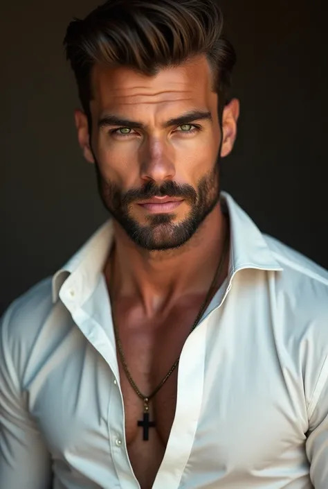 Image of a hot man with penetrating eyes with good height wearing a white shirt with an opening in his hair showing his muscles and a chain with a small dark cross,Who has the bearing of being a rich and desirable man who causes impact and above all desire...