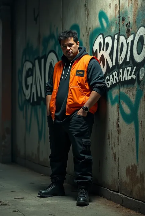 Then with a graffiti on the wall saying Caixa Baixa Gang the orange with a person from the GTA dressed in black pants and an orange vest against the wall 


