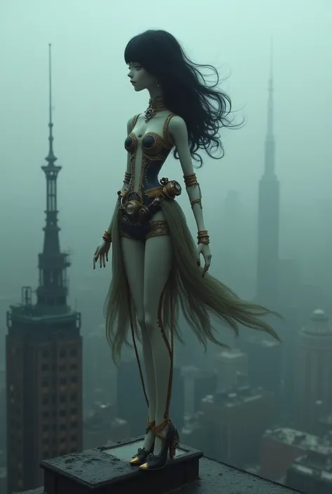 A steampunk doll with porcelain skin stands on the roof of a building in the fog,черные волосы,тонкие пальцы,голубын глаза