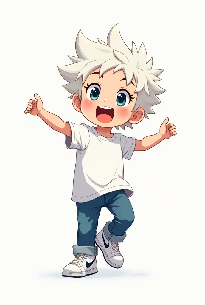 A d anime character,small boy with white spikey hair and wearing a white t shirt and blue jeans with white nike shoes