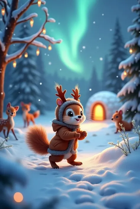 "A magical winter scene featuring an adorable baby squirrel dressed in a cozy reindeer-inspired outfit, toddling joyfully through the snow-covered woods, its tiny antlers poking through a warm hood with furry trim. The baby squirrel’s fluffy tail bounces a...