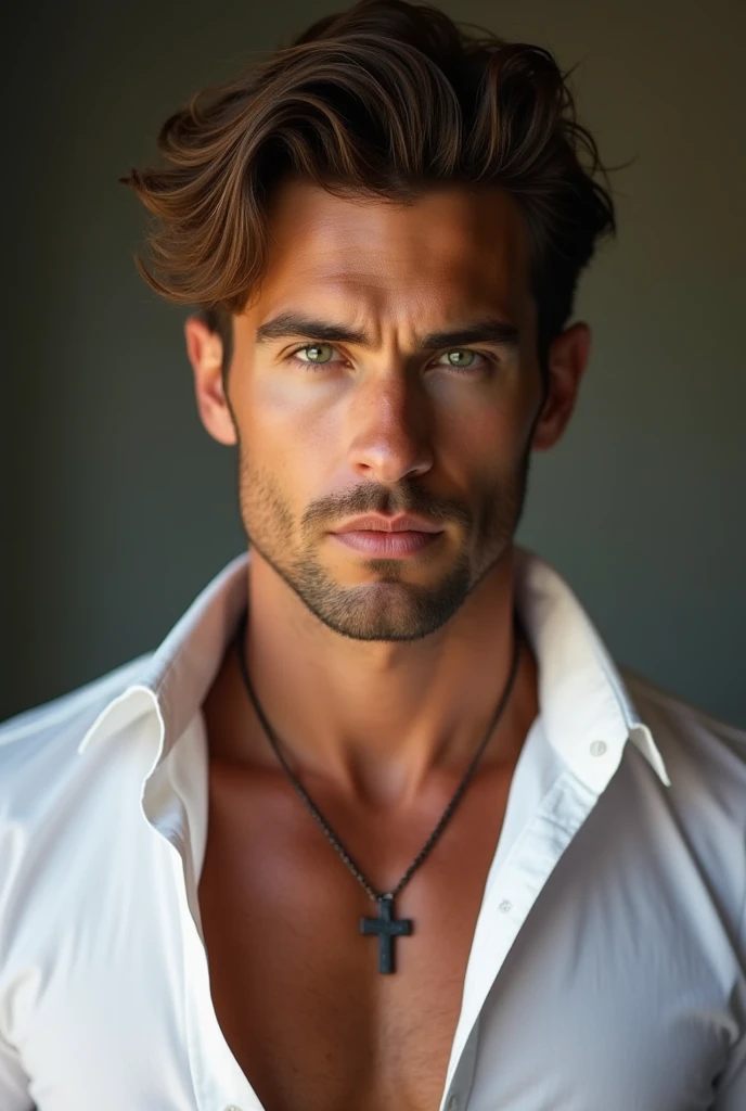 Image of a hot man with penetrating eyes with good height wearing a white shirt with an opening in his hair showing his muscles and a chain with a small dark cross,Who has the bearing of being a rich and desirable man who causes impact and above all desire...