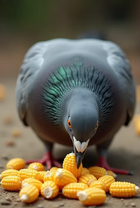 A pigeon eating corn