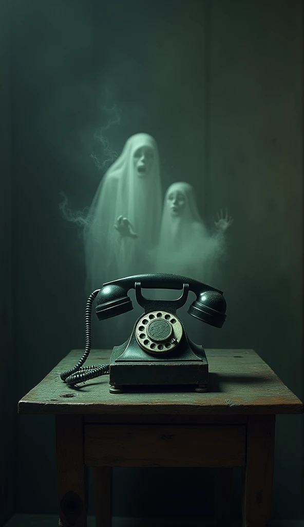 An eerie old-fashioned telephone resting on a wooden table in a dark room, with faint ghostly figures and ethereal whispers emerging from the receiver, evoking a mysterious and supernatural mood.