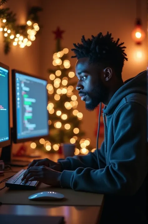 Generate a young black man sitting in front of the computers coding some stuff really in the Christmas hot