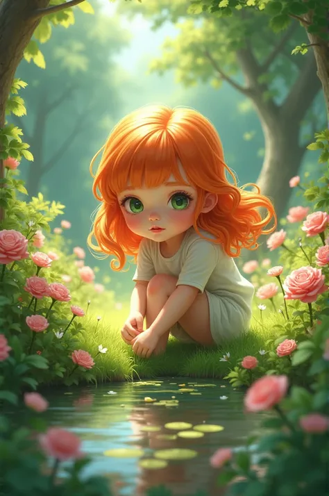 Avatar of a girl with pale green eyes with long wavy orange bangs playing in the garden