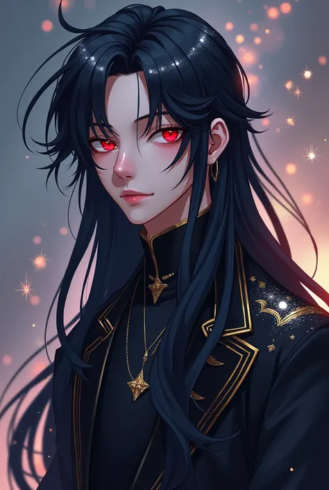  A Young Man, of 1.80 cm tall, long black hair with silver sparkles, ruby eyes . All that anime-style