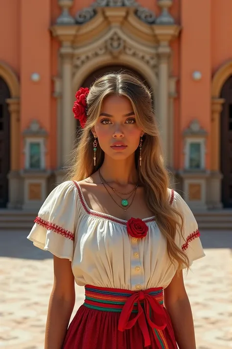  
  features a beautiful woman of Spanish origin , brown skin, wavy hair ,blonde color , and brown line ,  using a red ribbon behind her hair ,  using a small jade necklace of one seed in green ,  using the traditional dress of Mexico festival White brocad...