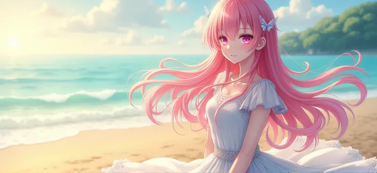 Boku Female Anime , long pink hair, left eye pink,  while the right one is blue, with white dress,  on the beach,  with full body 