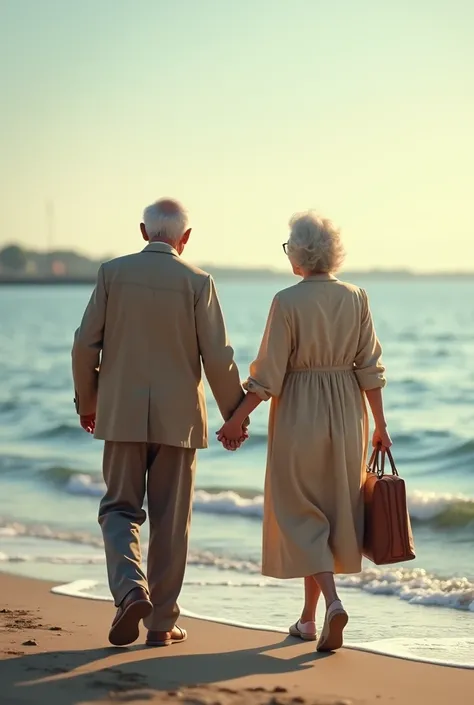  An elderly couple holding hands on their backs. With a waterfront setting .