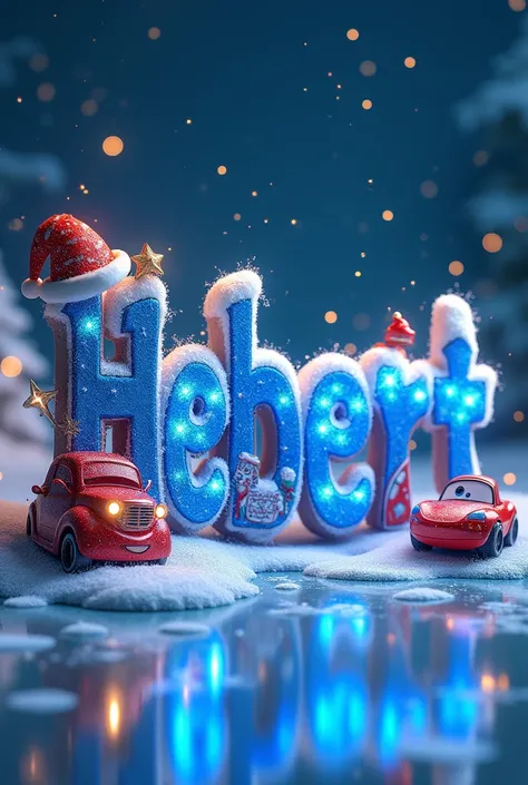 Heberts name in Christmas format with blue sparkles and cars