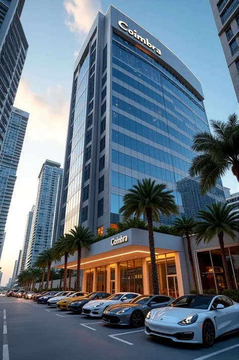 facade of a luxurious and modern company building in the city of Miami with cars in the front with the name Coimbra ultra HD 8k image 