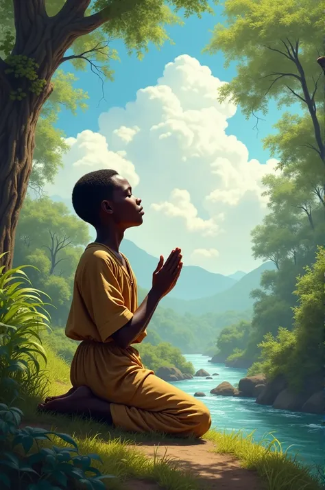 African boy praying God in nature 