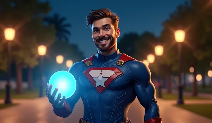 featuring a superhero character resembling a superhero in a park setting at night. The character has a fair skin tone, short brown hair, and a well-groomed beard. He is wearing a form-fitting, blue and red suit with a prominent white star on the chest, bro...