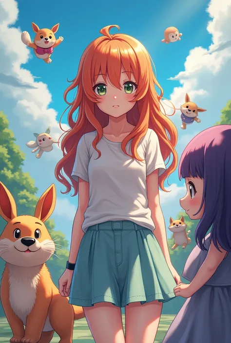 A girl with pale green eyes with long wavy orange hair plays with her anime Avatar friends