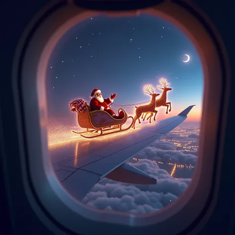 A super-realistic yet dreamy Christmas night view from inside an airplane, looking out through the window. Santa Claus is waving with a warm smile while flying in his magical sleigh pulled by reindeer across a sparkling night sky. The sleigh and reindeer a...