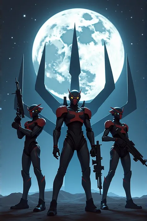  Members of the band  "The Warning "   wearing costumes from the anime series Evangelion standing in combat position with futuristic weapons and the three wicks of Evangelion standing behind them in combat positions as well and as a stage the moon with a s...