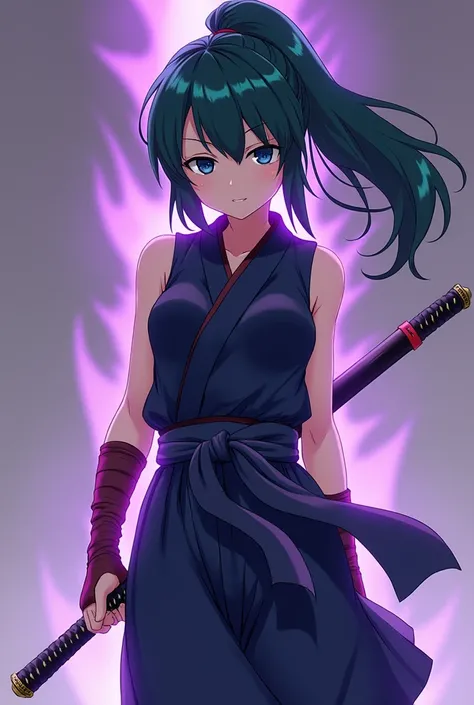 (anime style) an 18-year-old girl ( she has dark green hair tied in a ponytail style ,  Blue Eyes, She wears a dark blue sleeveless kimono ,  wears pants the same color as the kimono that are tight around the legs ,  expresses a furious look and wields a k...