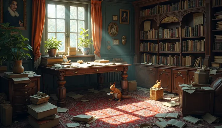  The main characters room ,  The room is littered with scrolls ,  open books and crumbs on the study table ,  because some people are not used to keeping order,  squirrels are running everywhere , dark FANTASY 
masterpiece , best quality, amazing quality, ...