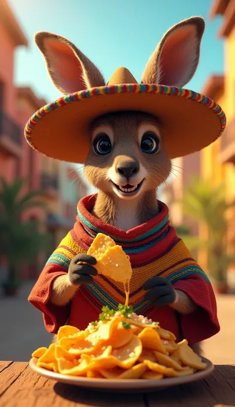 kangaroo in mexican clothes and hat eating natios