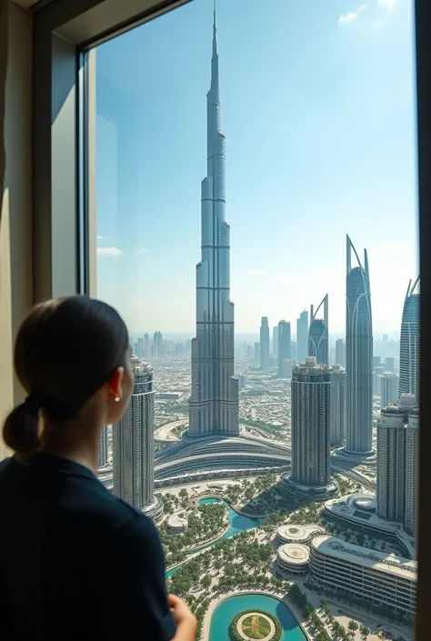 View from the window of a building in Dubai in front of the Burj Khalifa 