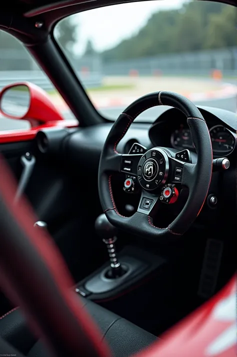 Create an image of the interior of the lightweight, single-seat racing car with a Formula 1-inspired steering wheel with Racing seats and a GPS screen showing the Nürburgring circuit 
