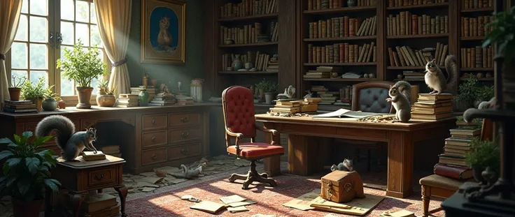  The main characters room ,  The room is littered with scrolls ,  open books and crumbs on the study table ,  because some people are not used to keeping order,  squirrels are running everywhere , dark FANTASY 
masterpiece , best quality, amazing quality, ...