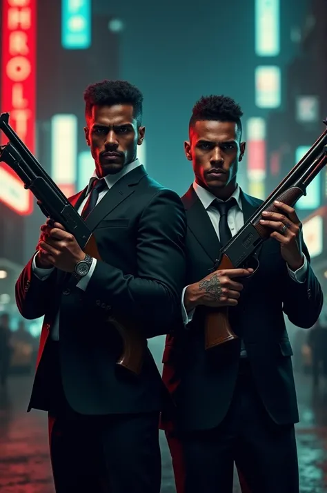 Vinicius junior and Rodrygo go as a mafiosus with two shotguns 