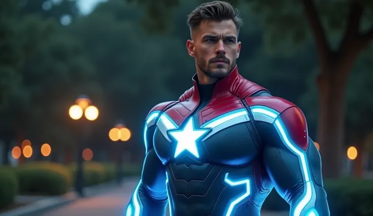 featuring a superhero character with a muscular build, standing in a park at night. The character is wearing a futuristic suit with a prominent star emblem on the chest, colored in red, white, and blue. The suit is detailed with glowing blue lines, giving ...