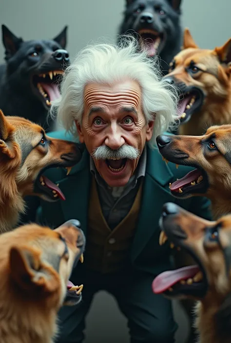 Hello please could you generate an image of Albert Einstein being attacked by a pack of dogs 
